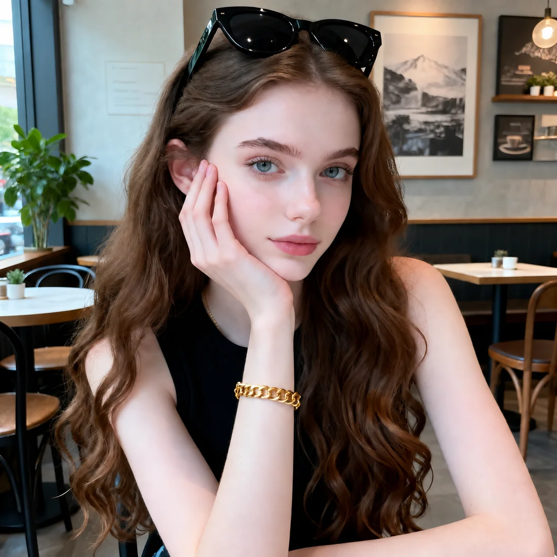 Woman resting her cheek against her hand at a cafe table Woman resting her cheek against her hand at a cafe table